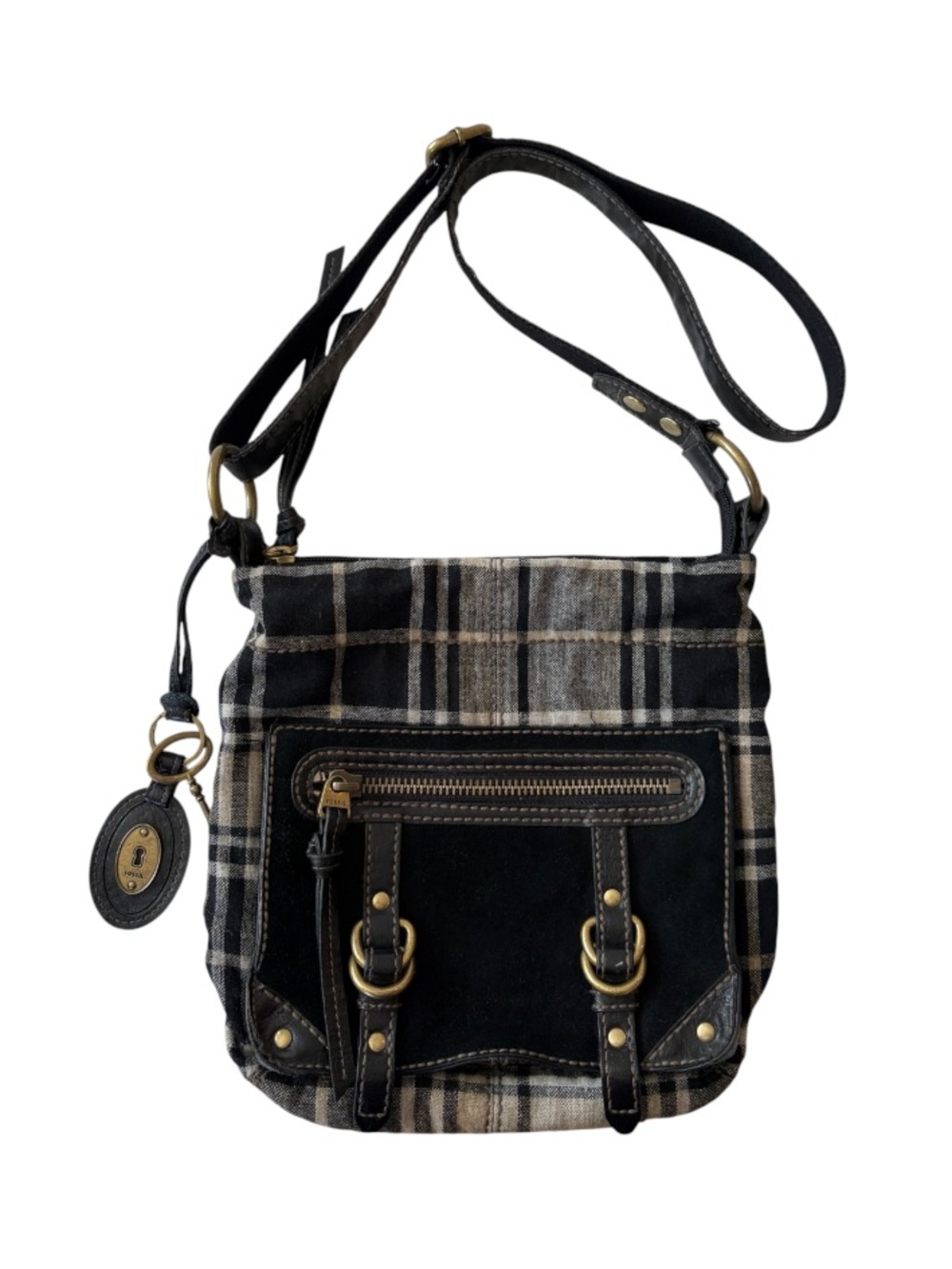 Fossil Black Plaid Canvas and Leather Crossbody Bag